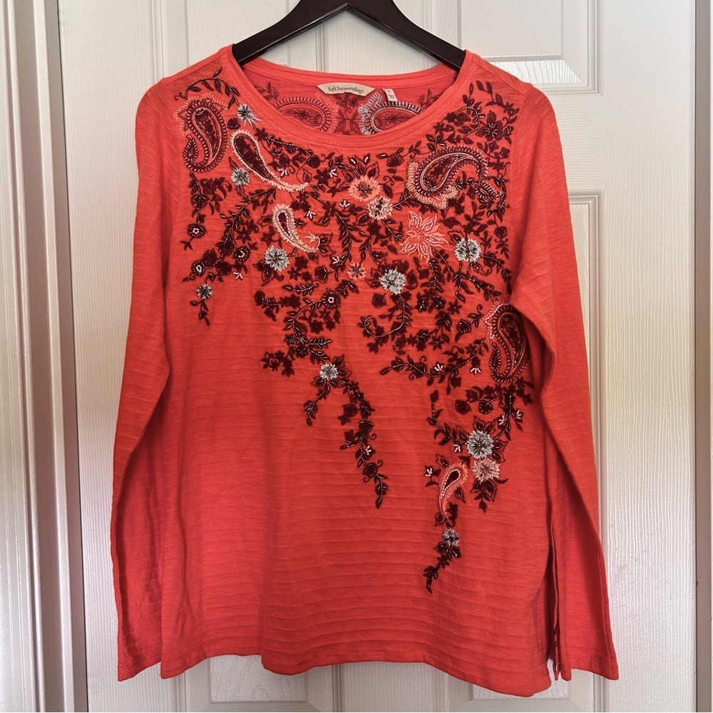 Soft Surroundings Floral Embroidered Beaded Blouse - Coral, Small Fall Autumn